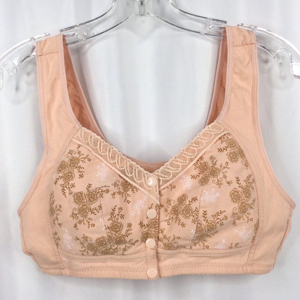 Women's Front Close Full Coverage Bra Size 44 Peach Floral Lightly Lined